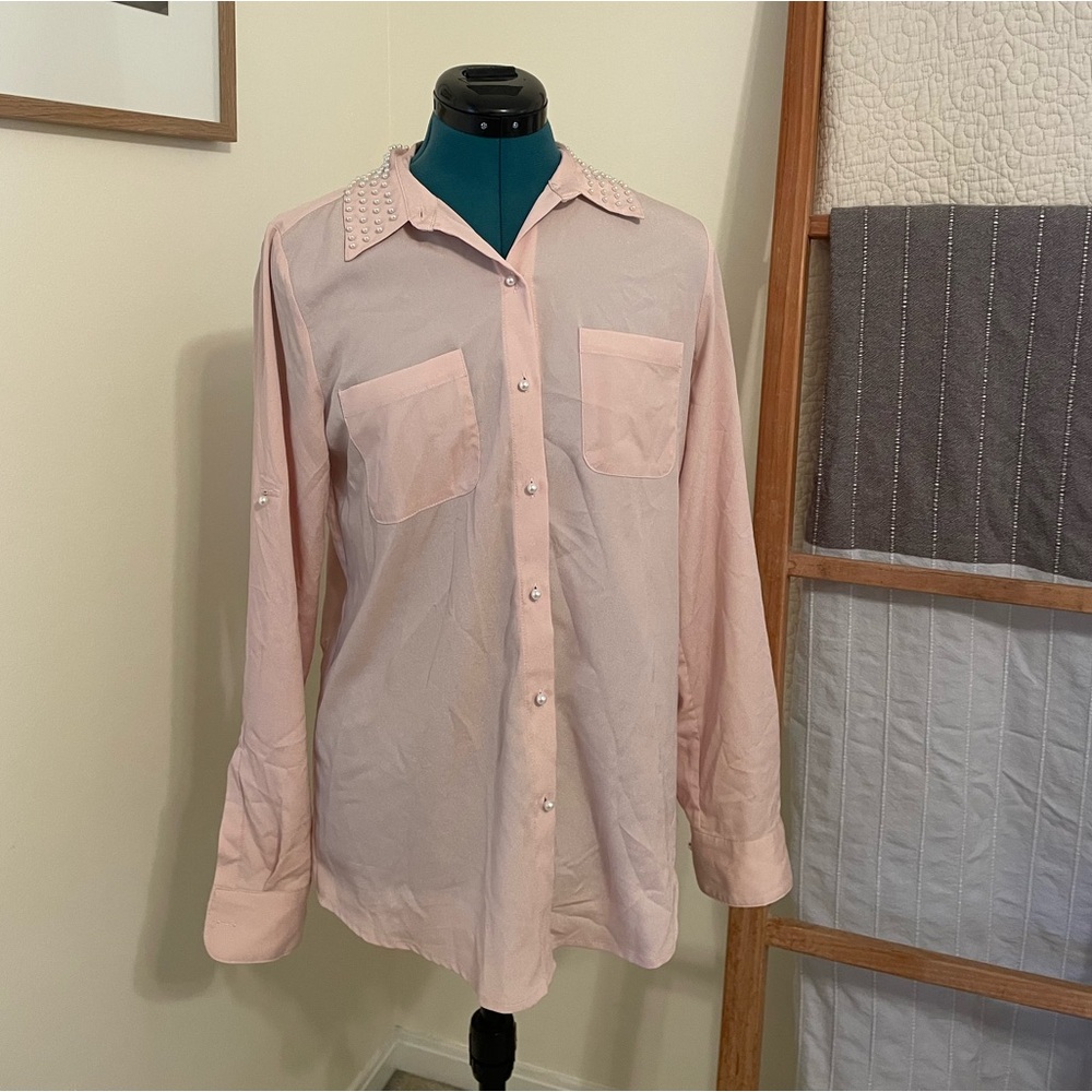 Karl Lagerfeld Light Pink Pear Embellished Button Down Shirt